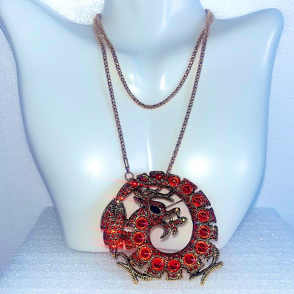 Betsey Johnson Red CurlingUp Dragon Pendant(Brooch) Necklace